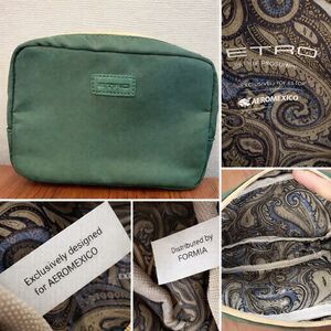 Etro Profumi Aeromexico Cosmetic Bag Green Nylon Travel Pouch Paisley Lining